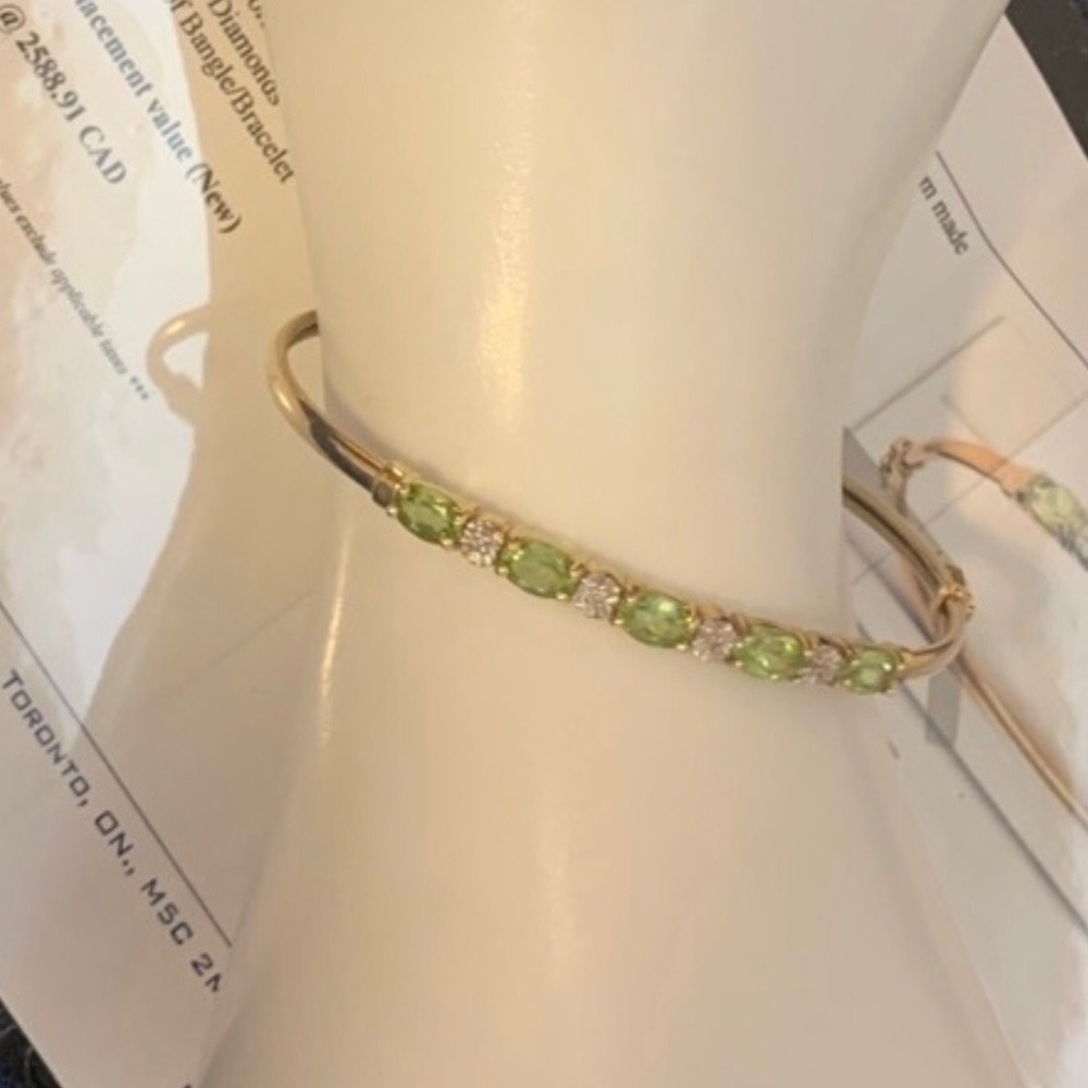 Stamped 10K Bangle Bracelet Yellow and White Gold with Diamonds and Peridot